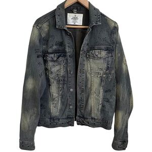Cheap Monday Staple Denim Jacket Psyched SZ Medium Blue Graffiti Hand Print